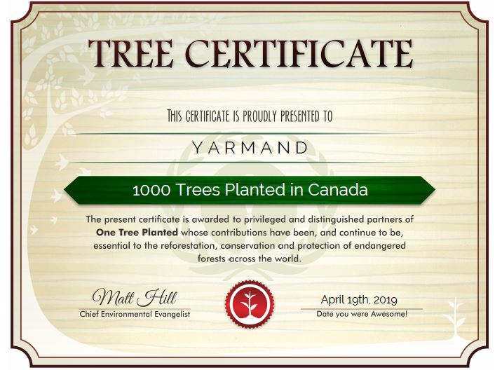 YARMAND Planted 1000 trees by earth day 2019 in Canada
